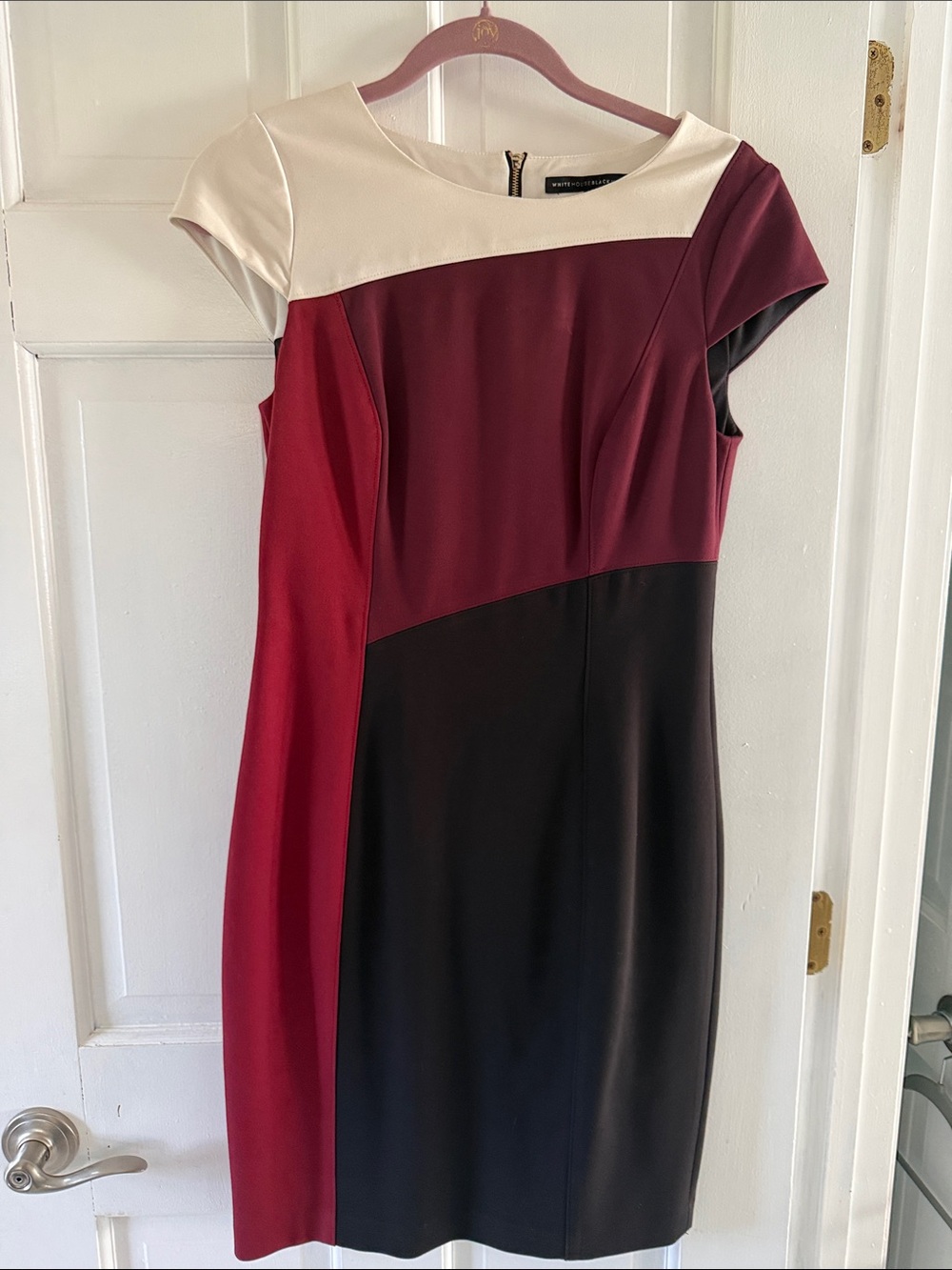 White House Black Market Burgundy, Black & Cream Colorblock Midi Dress